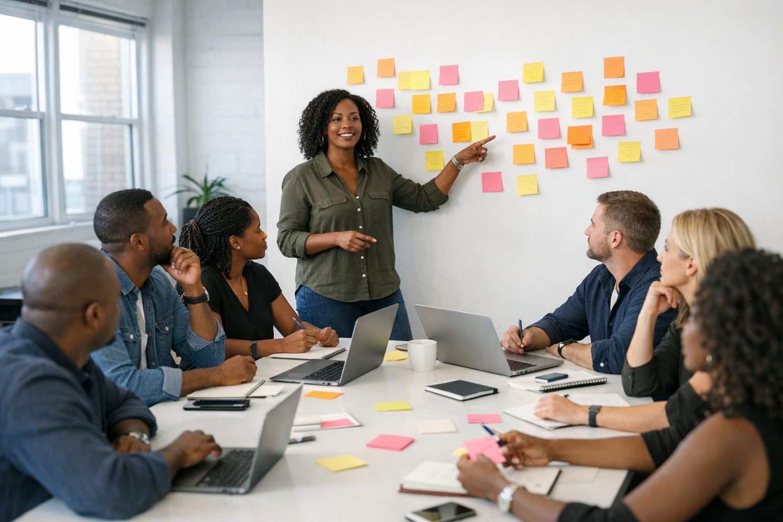 Project management with task board and sticky notes